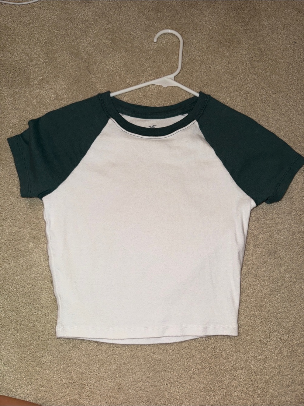 Hollister White Tee with Dark Green Raglan Sleeves